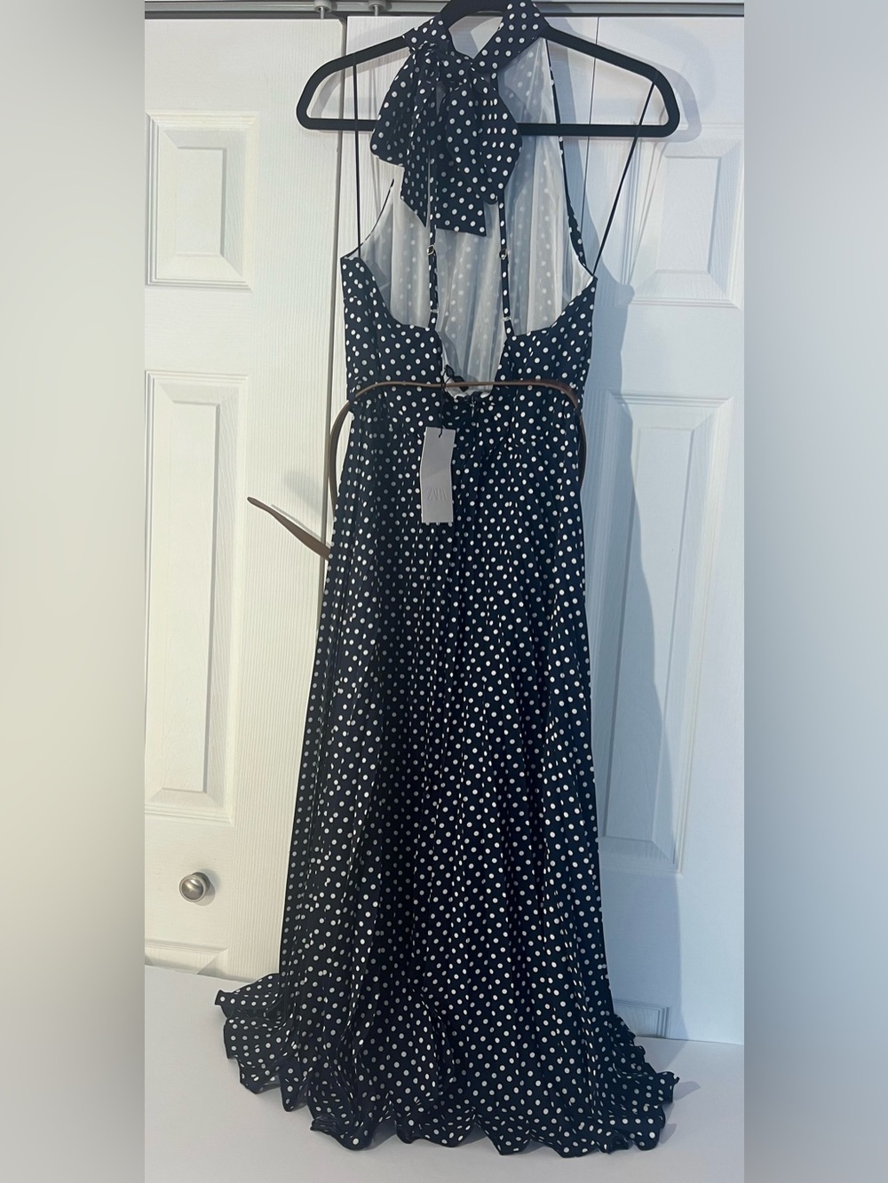 ZARA Navy Polka Dot Halter Maxi Dress with Brown Belt - Picture 12 of 13